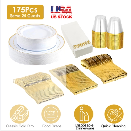 175Pcs Disposable Gold Dinnerware Set Gold Rim Plastic Plates Cups Fork Spoon Knife Paper Napkins for Party Wedding Graduation